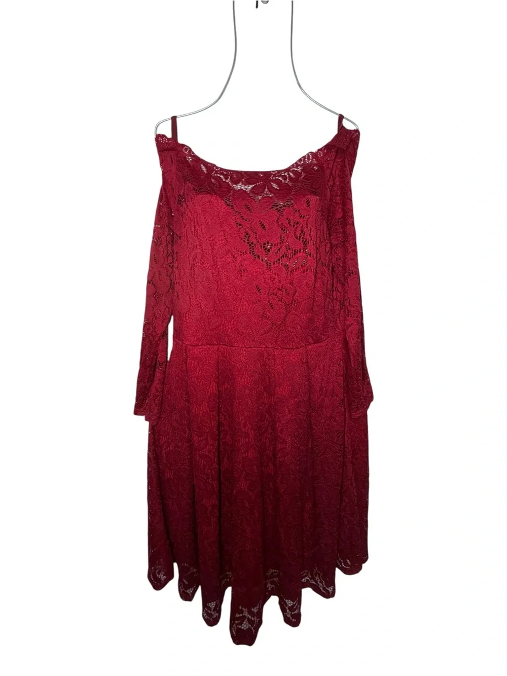 Wine Red Lace Off-Shoulder Midi Dress with Spaghetti Straps